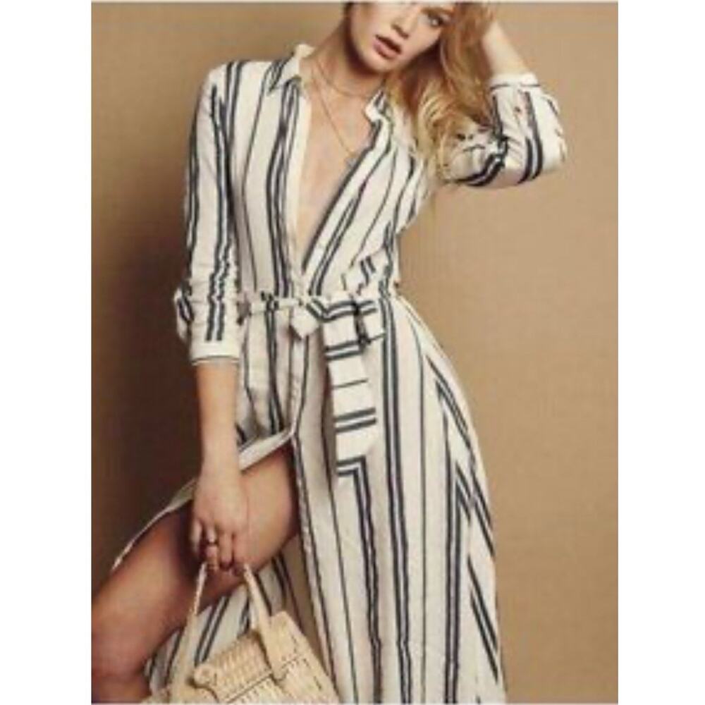 Zara Linen Blend Midi Dress White Navy Size M Resort Wear Summer Chic
